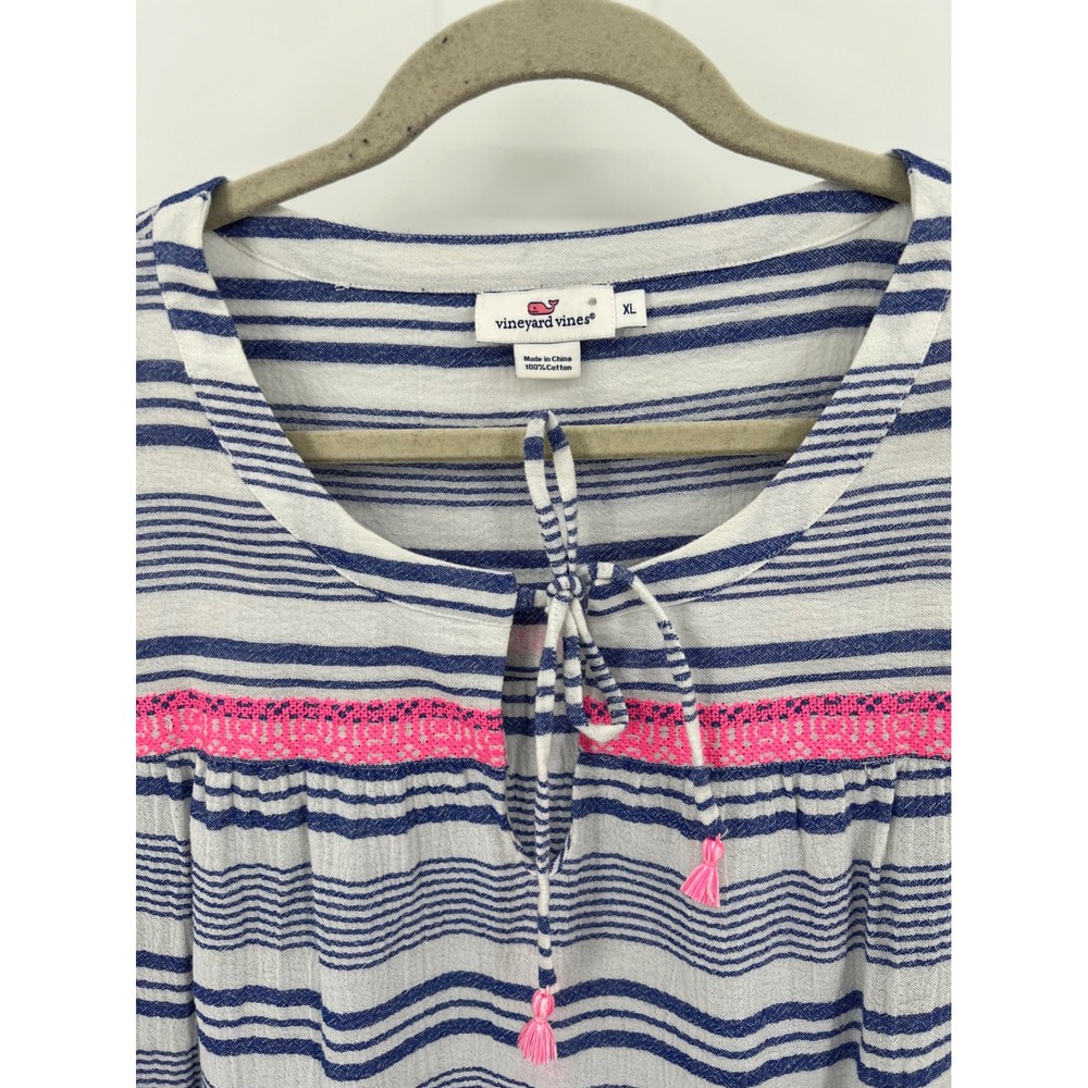 Vineyard Vines Bungalow Stripe XL Tassel Trim Cotton Swim Coverup Top Pink - Picture 2 of 6